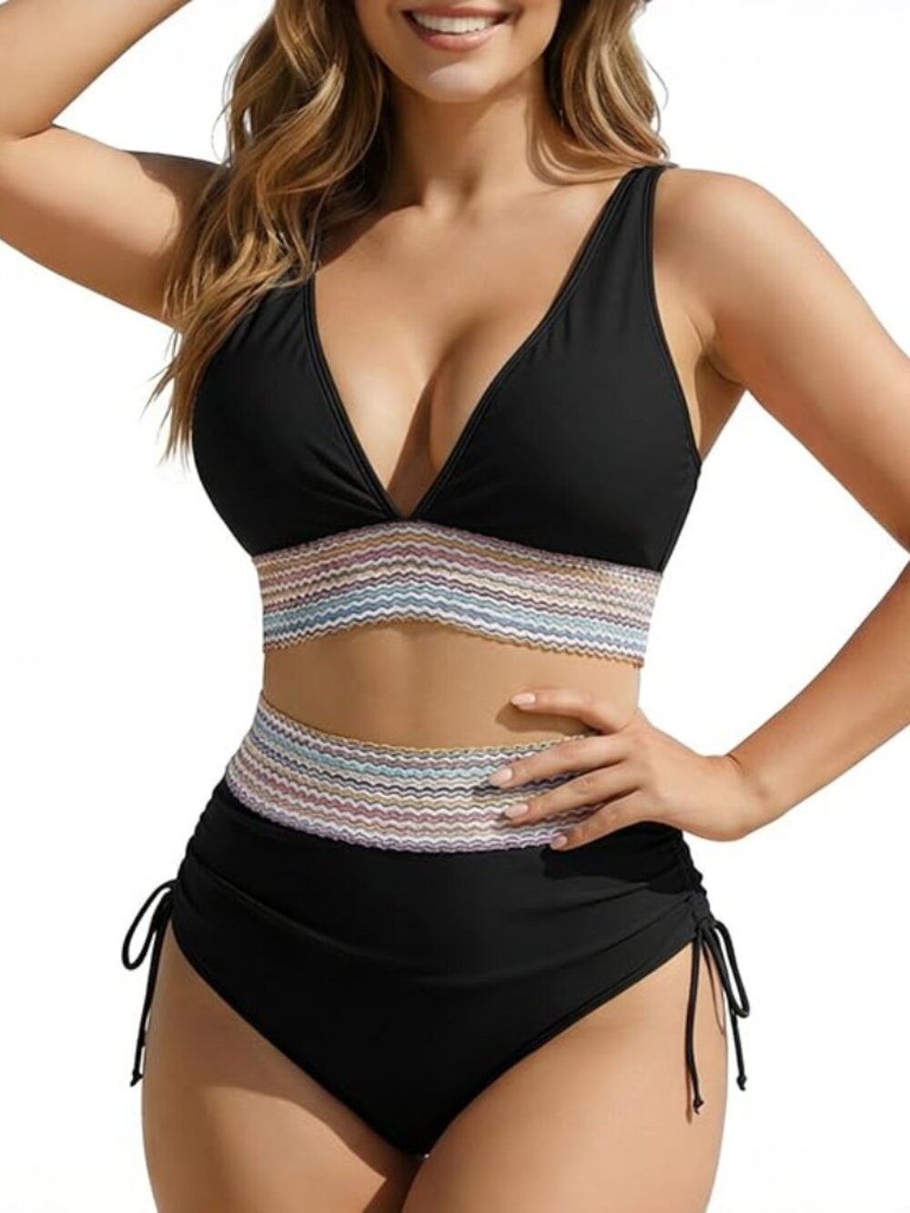 New - High Waisted Bikini Sets for Women Color Block V Neck Two Piece Swimsuit